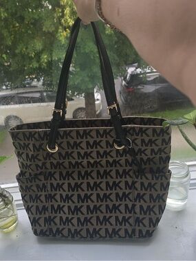Michael Kors Black and Brown MK Logo Tote with Gold Hardware y2k